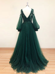 Green V Neck Lace A line Long Prom Dress Outfits For Girls,Tulle Evening Dresses For Black girls Long Sleeve