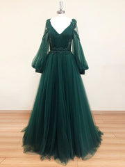 Green V Neck Lace A line Long Prom Dress Outfits For Girls,Tulle Evening Dresses For Black girls Long Sleeve