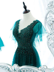 Green V Neck Sequin Beads Long Prom Dress Outfits For Girls, Green Formal Bridesmaid Dresses