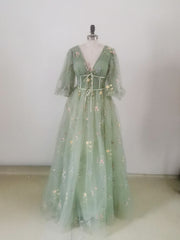 Green V Neck Tulle Lace Long Prom Dress Outfits For Girls, A Line Tulle Long Bridesmaid Dress