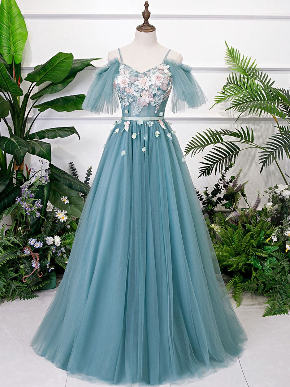 Green V Neck Tulle Lace Long Prom Dress Outfits For Women Lace Evening Dress