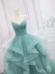 Green V Neck Tulle Long Prom Dress Outfits For Girls, Green Sweet 16 Dress