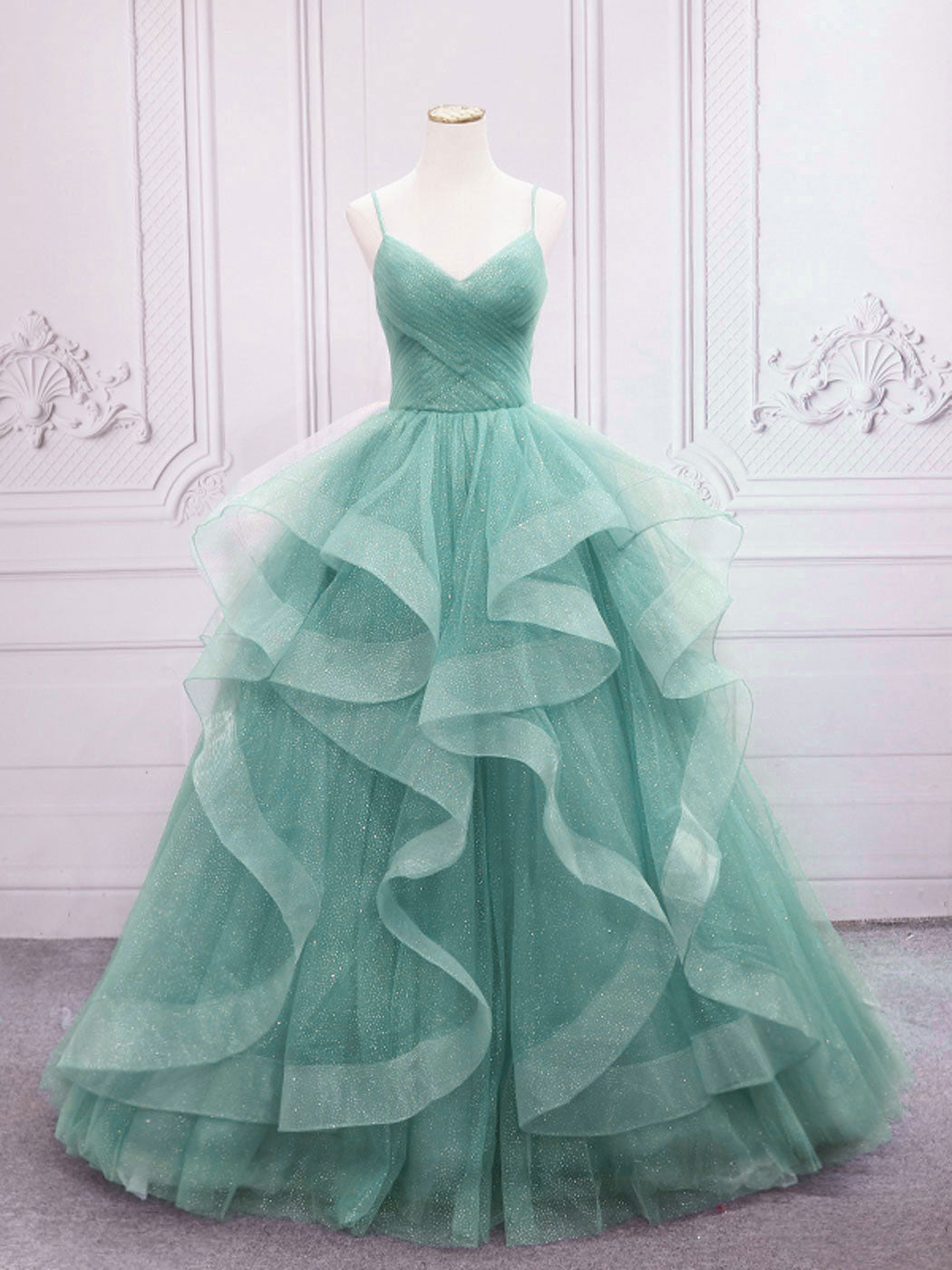 Green V Neck Tulle Long Prom Dress Outfits For Girls, Green Sweet 16 Dress