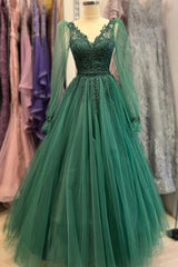 Green V-Neck Tulle Long Prom Dresses For Black girls For Women,A-Line Long Sleeve Evening Dress