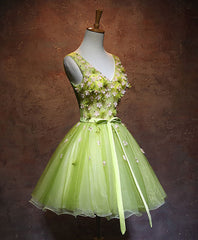 Green V Neck Tulle Short Prom Dress Outfits For Girls, Green Homecoming Dress