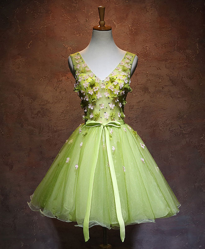 Green V Neck Tulle Short Prom Dress Outfits For Girls, Green Homecoming Dress