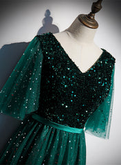 Green V-neckline Shiny Tulle Long Wedding Party Dresses For Black girls For Women, Green Formal Dresses