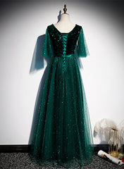Green V-neckline Shiny Tulle Long Wedding Party Dresses For Black girls For Women, Green Formal Dresses
