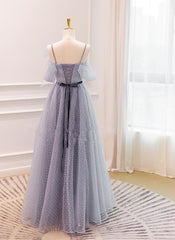 Grey A-line Straps Tulle Floor Length Party Dress Outfits For Girls, Grey Evening Dress Outfits For Women Graduation Dress