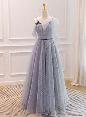 Grey A-line Straps Tulle Floor Length Party Dress Outfits For Girls, Grey Evening Dress Outfits For Women Graduation Dress