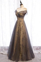 Grey A-line Tulle and Lace Long Prom Dress Outfits For Girls, Round Neckline Party Dress