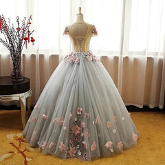 Grey Ball Gown 3D Flowers Princess Party Gown,Sweet 16 Quinceanera Dress Outfits For Women Ball Gowns