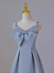 Grey Blue Tea Length Satin Straps Formal Dress Outfits For Girls, A-line Wedding Party Dress