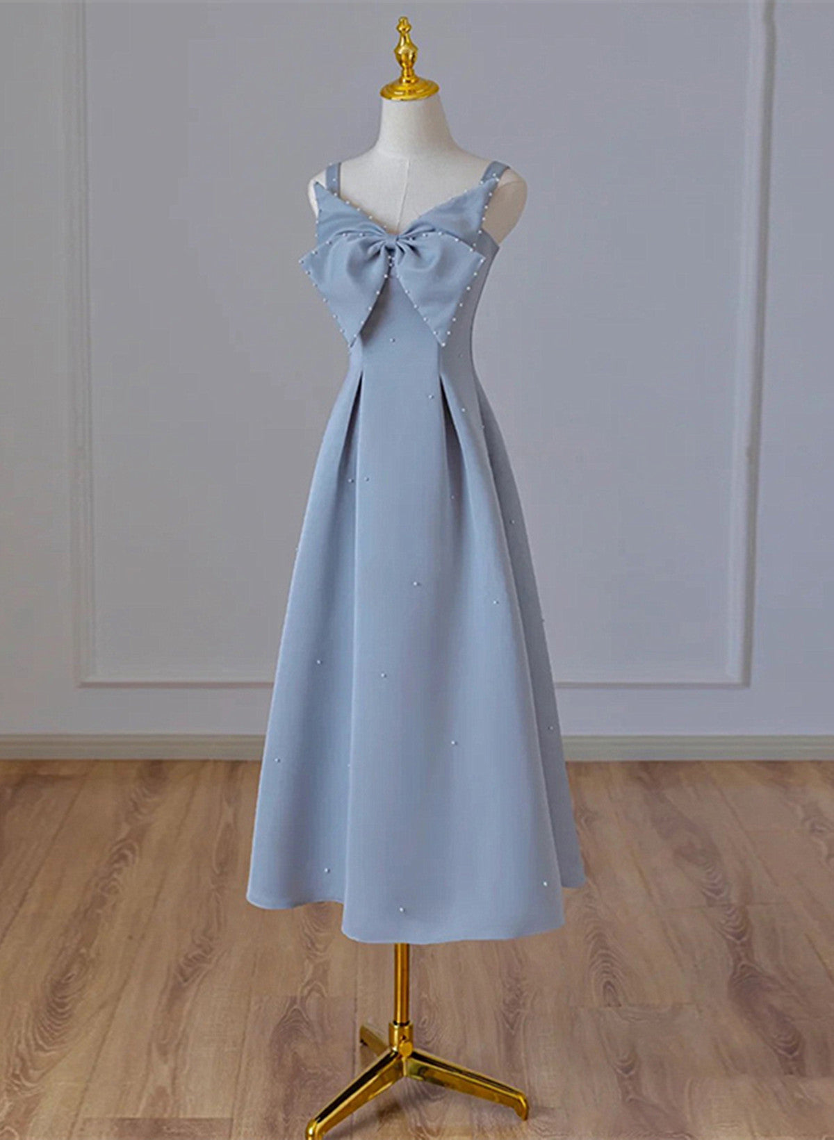 Grey Blue Tea Length Satin Straps Formal Dress Outfits For Girls, A-line Wedding Party Dress