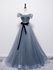 Grey-Blue Tulle Off Shoulder Long Party Dress Outfits For Women with Bow, A-line Floor Length Prom Dress