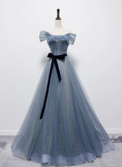 Grey-Blue Tulle Off Shoulder Long Party Dress Outfits For Women with Bow, A-line Floor Length Prom Dress