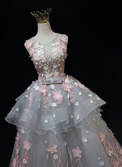 Grey Flowers Round Neckline Tulle with Lace Party Dress Outfits For Girls, Grey Sweet 16 Dress