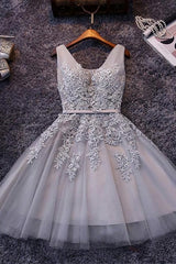 Grey Lace-up Tulle Short Homecoming Dress Outfits For Women with Lace Appliques