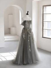 Grey Off Shoulder Tulle with Lace Applique Long Party Dress Outfits For Girls,Grey Prom Dress