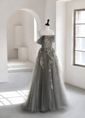 Grey Off Shoulder Tulle with Lace Applique Long Party Dress Outfits For Girls,Grey Prom Dress