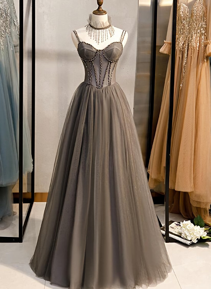 Grey Sweetheart Beaded Straps Long Tulle Prom Dress Outfits For Girls, Grey A-line Formal Dress Outfits For Women Evening Dress