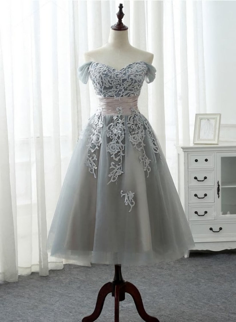 Grey Tea Length Formal Dress Outfits For Women with Lace, Grey Bridesmaid Dress
