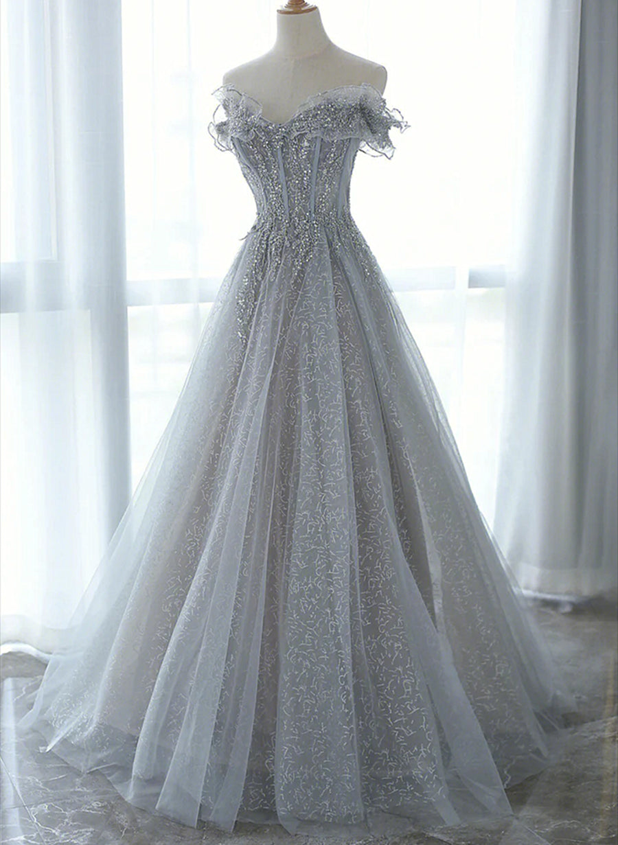 Grey Tulle Sweetheart Party Dress Outfits For Girls, A-Line Tulle Floor Length Prom Dress Outfits For Women Evening Dress