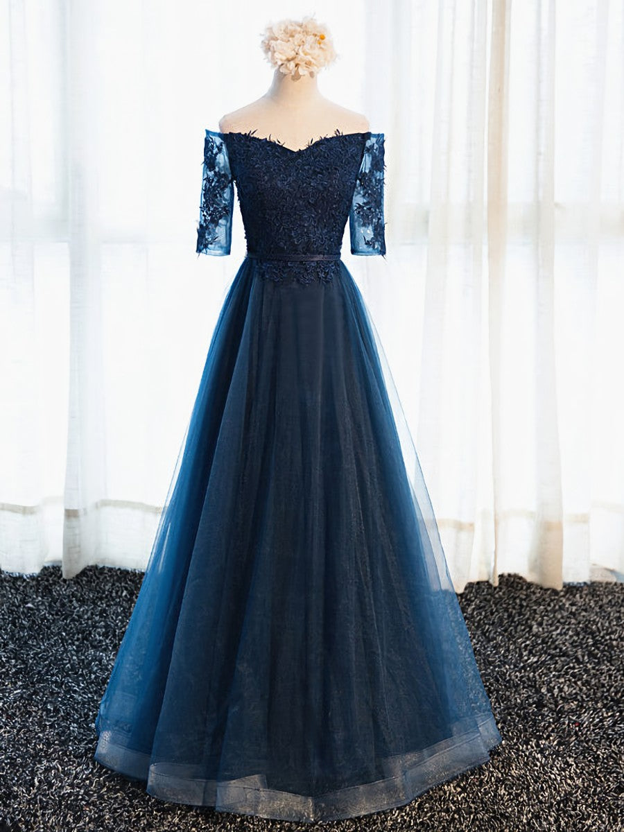 Half Sleeves Navy Blue Long Lace Prom Dresses For Black girls For Women, Navy Blue Lace Formal Bridesmaid Dresses