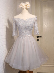 Half Sleeves Short Gray/Blue Lace Prom Dresses For Black girls For Women, Short Gray/Blue Lace Homecoming Bridesmaid Dresses