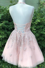 Halter Lace-Up Back Short Pink Lace Homecoming Dress Outfits For Women Cocktail