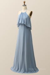 Halter Misty Blue Ruffle Chiffon Long Bridesmaid Dress