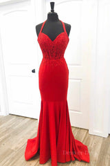 Halter Neck Mermaid Backless Red Lace Long Prom Dresses, Mermaid Red Formal Dresses, Red Lace Evening Dresses