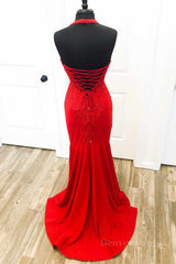 Halter Neck Mermaid Backless Red Lace Long Prom Dresses, Mermaid Red Formal Dresses, Red Lace Evening Dresses