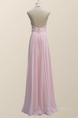 Halter Pink Chiffon A-line Long Bridesmaid Dress