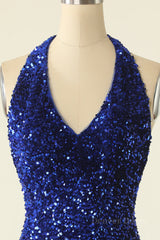 Halter Royal Blue Sequin Bodycon Dress