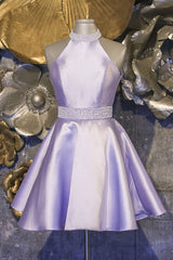 Halter Short Lavender A Line Satin Homecoming Dress Outfits For Women with Beading