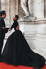 High Neck Black Ball Gown Prom Dresses With Long Sleeves Formal Dresses