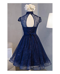 High Neck Homecoming Dress Outfits For Girls, Lace Dark Navy Lace-up Short Prom Dress