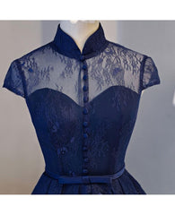 High Neck Homecoming Dress Outfits For Girls, Lace Dark Navy Lace-up Short Prom Dress