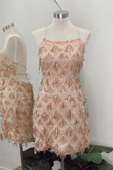 Champagne Lace-Up Tassels Sequins Sheath Homecoming Dress