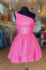 Hot Pink One Shoulder A Line Short Homecoming Dress Outfits For Women Sequins