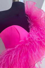 Hot Pink Ruffled Short Homecoming Dress Outfits For Women with Feathers