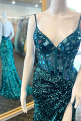 Hunter Green Sequin Cut Glass Mirror Long Prom Dress Outfits For Women with Slit