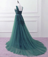 Hunter Green Tulle V-neckline Long Party Dress Outfits For Girls, Dark Green A-line Prom Dress