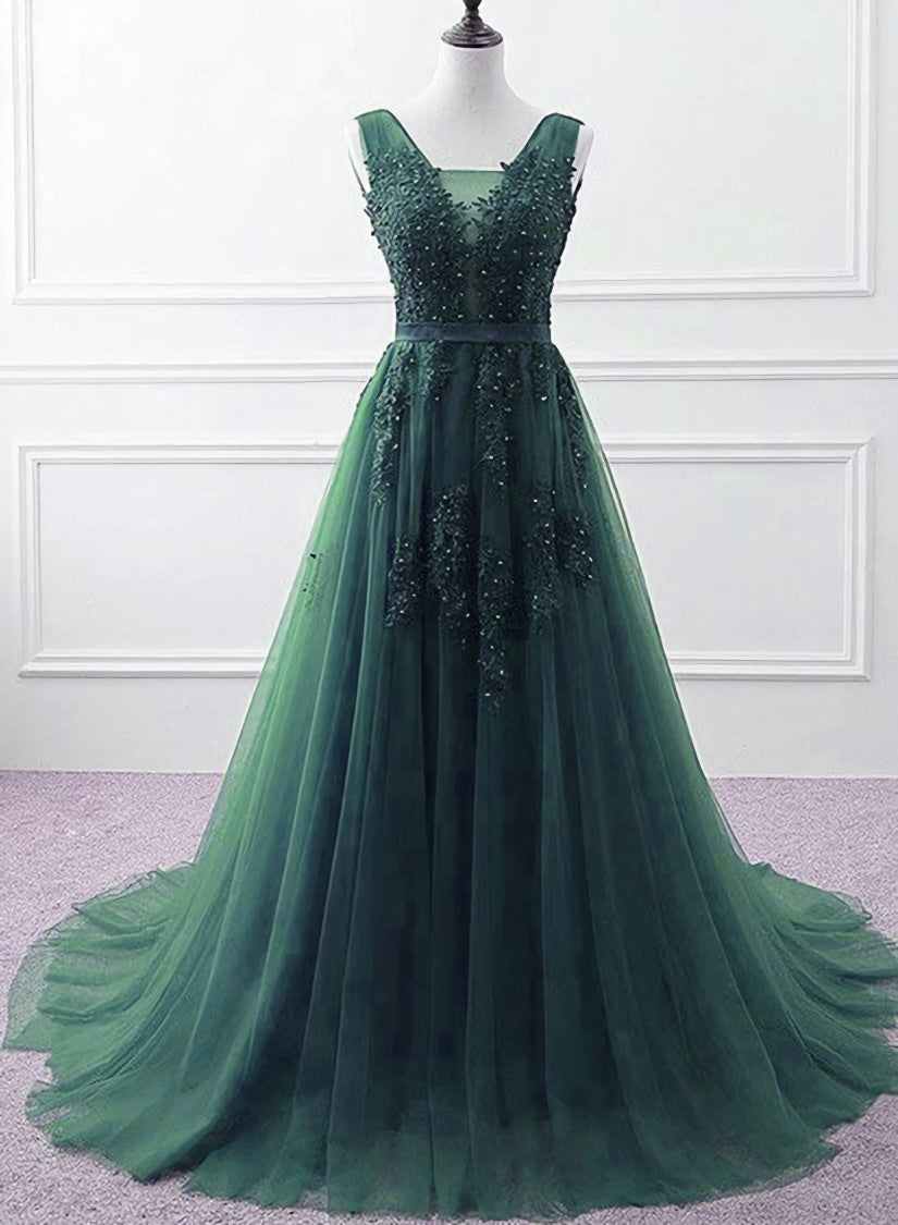 Hunter Green Tulle V-neckline Long Party Dress Outfits For Girls, Dark Green A-line Prom Dress