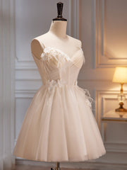 Ivory Tulle Short Homecoming Dress Outfits For Women with Flowers, Ivory Short Prom Dress