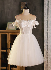 Ivory Tulle Sweetheart with Lace Short Prom Dress Outfits For Girls, Ivory Homecoming Dress