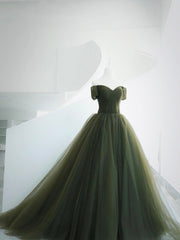 Green Tulle Long Prom Dress, A-Line Off Shoulder Evening Dress