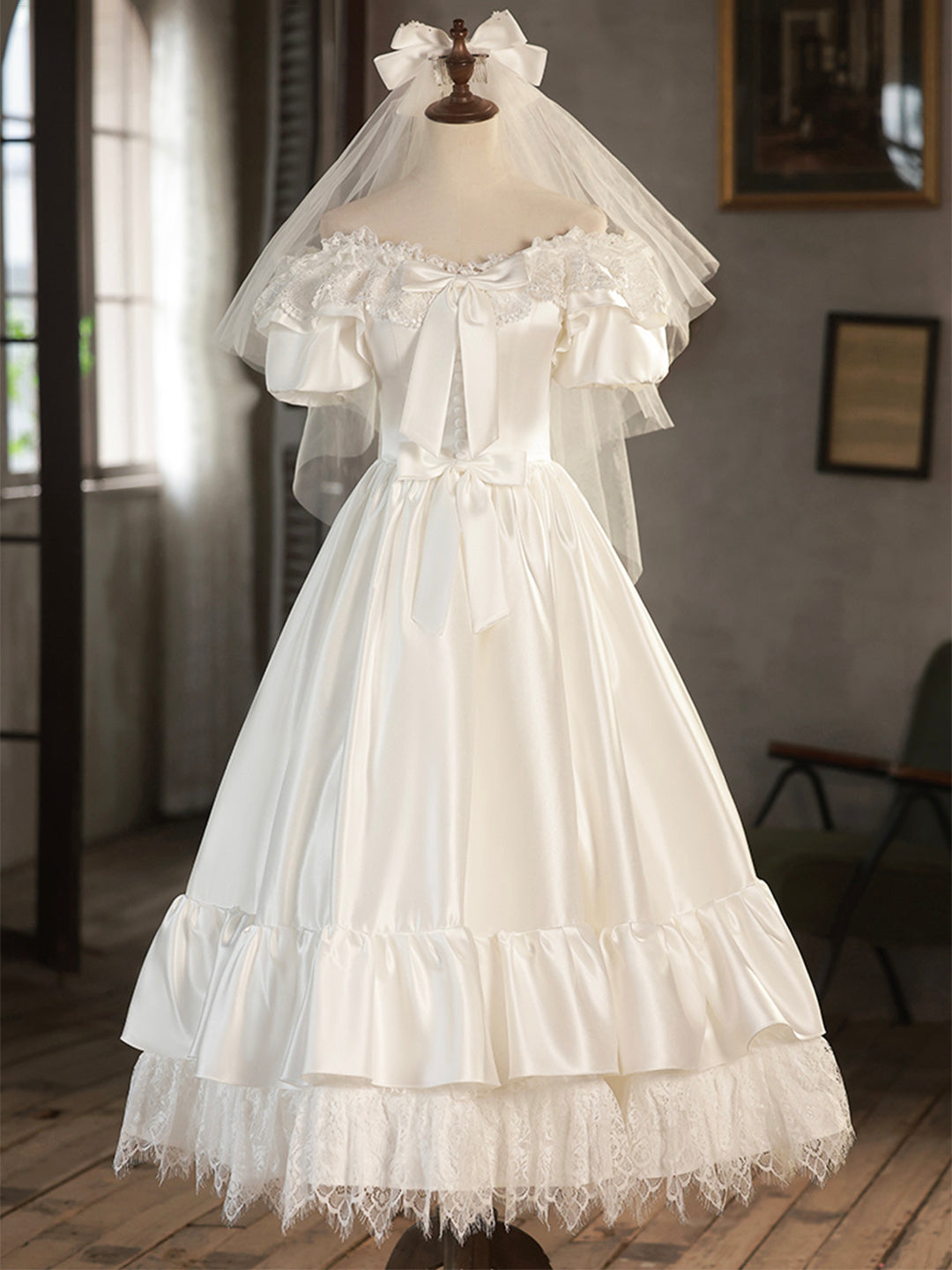 White Satin Lace Short Prom Dress, Off Shoulder Evening Dress, Wedding Dress