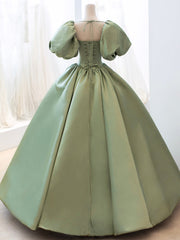 Green Satin Formal Evening Gown with  Puff Sleeve, A-Line Long Prom Dress